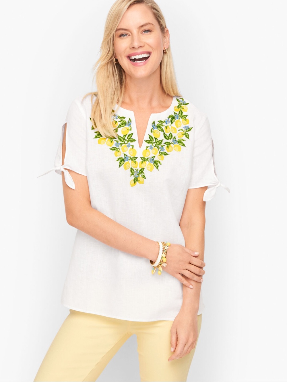 Talbots Petites Tie Detail Embroidered Top - Lemon, White Linen Blouse, Petite